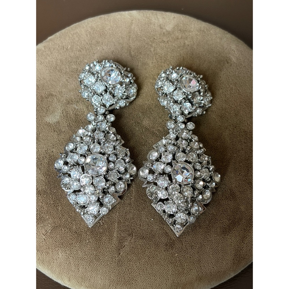 Silvertone Clear Faceted Stone Clip On Drop Earrings Diamond Shape Dangle